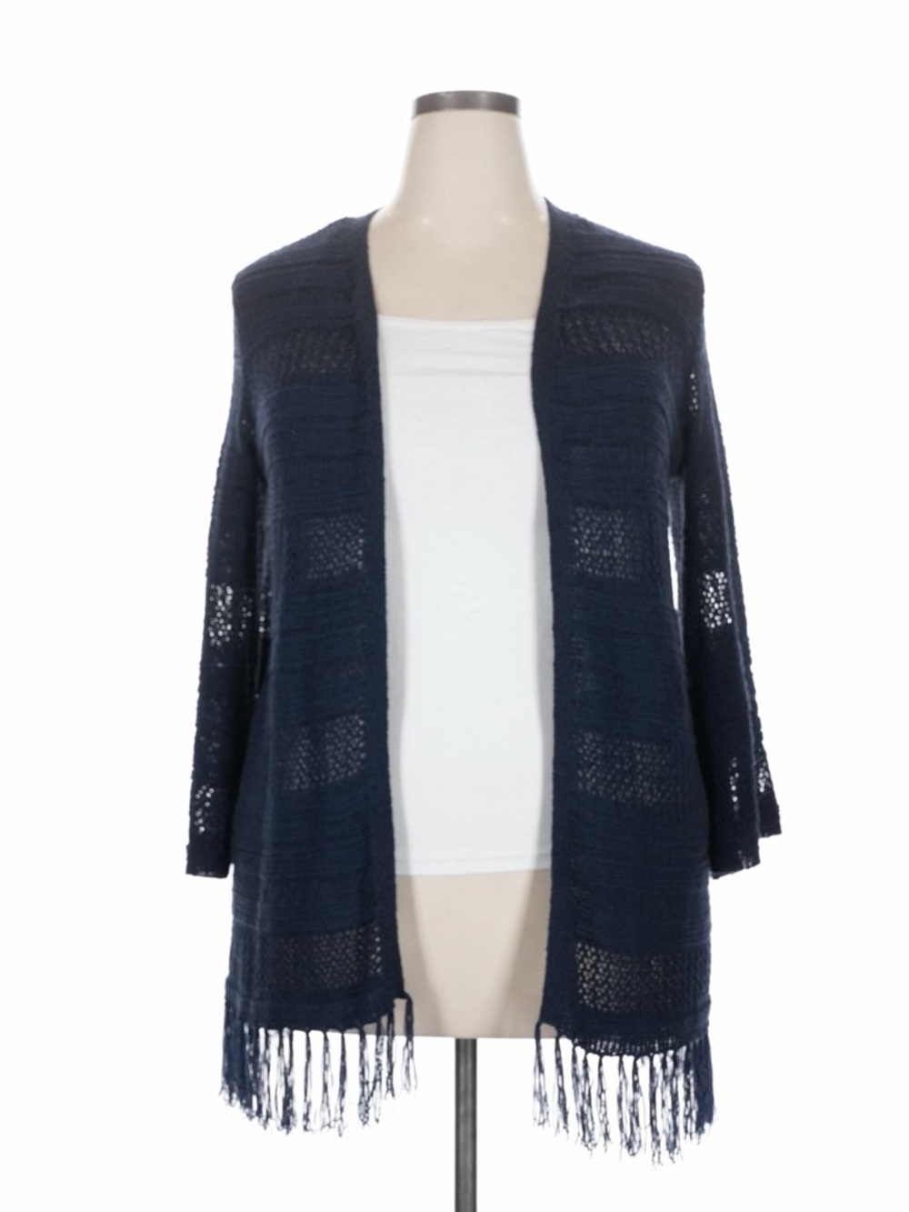 Margeaux & Ellie Navy Open Front Cozy Fringe Hem Boho Sweater Cardigan